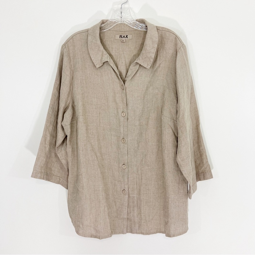 Flax Linen Buttondown Tunic Relaxed Shirt Size Large in Tan Beach Summer